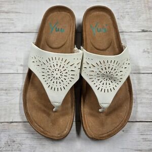 Yuu Sandals Women 6M White Thong Flip Flop Laser Cut Boho Cork Platform Shoes